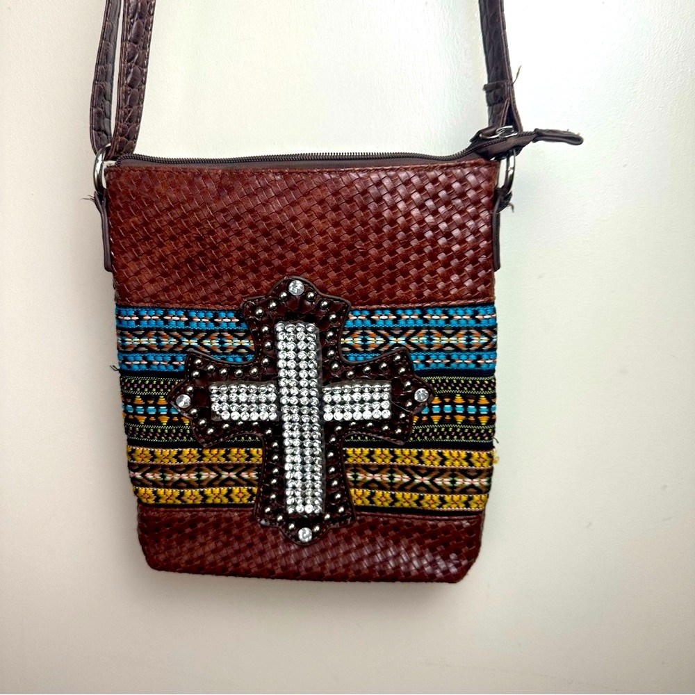 Western Inspired Big Encrusted Rhinestone Cross Vegan Leather Southwestern Purse
